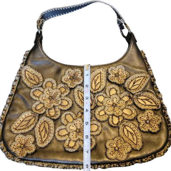 Isabella Fiore Gold Leather Satchel With Flower Appliqué - Picture 9 of 10